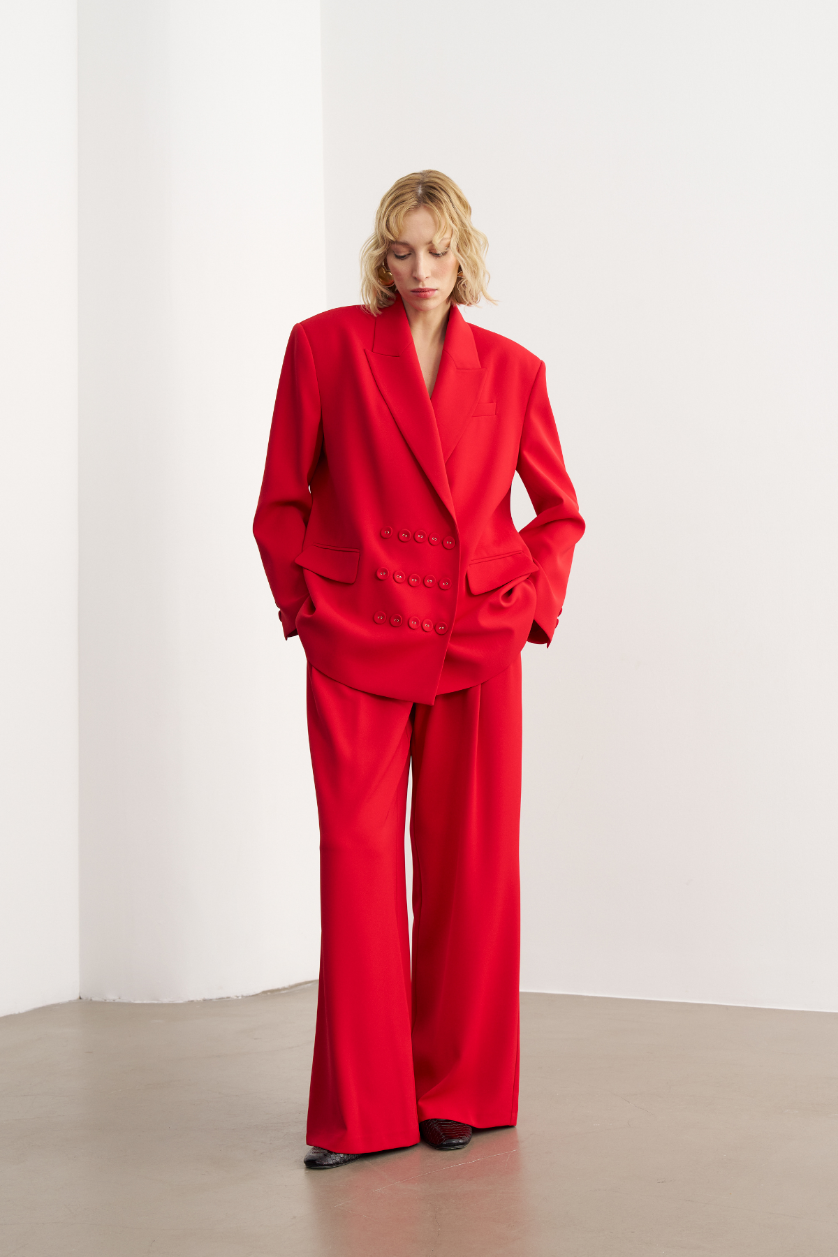 7814 Düğme Detaylı Oversize Ceket Pantolon Takım