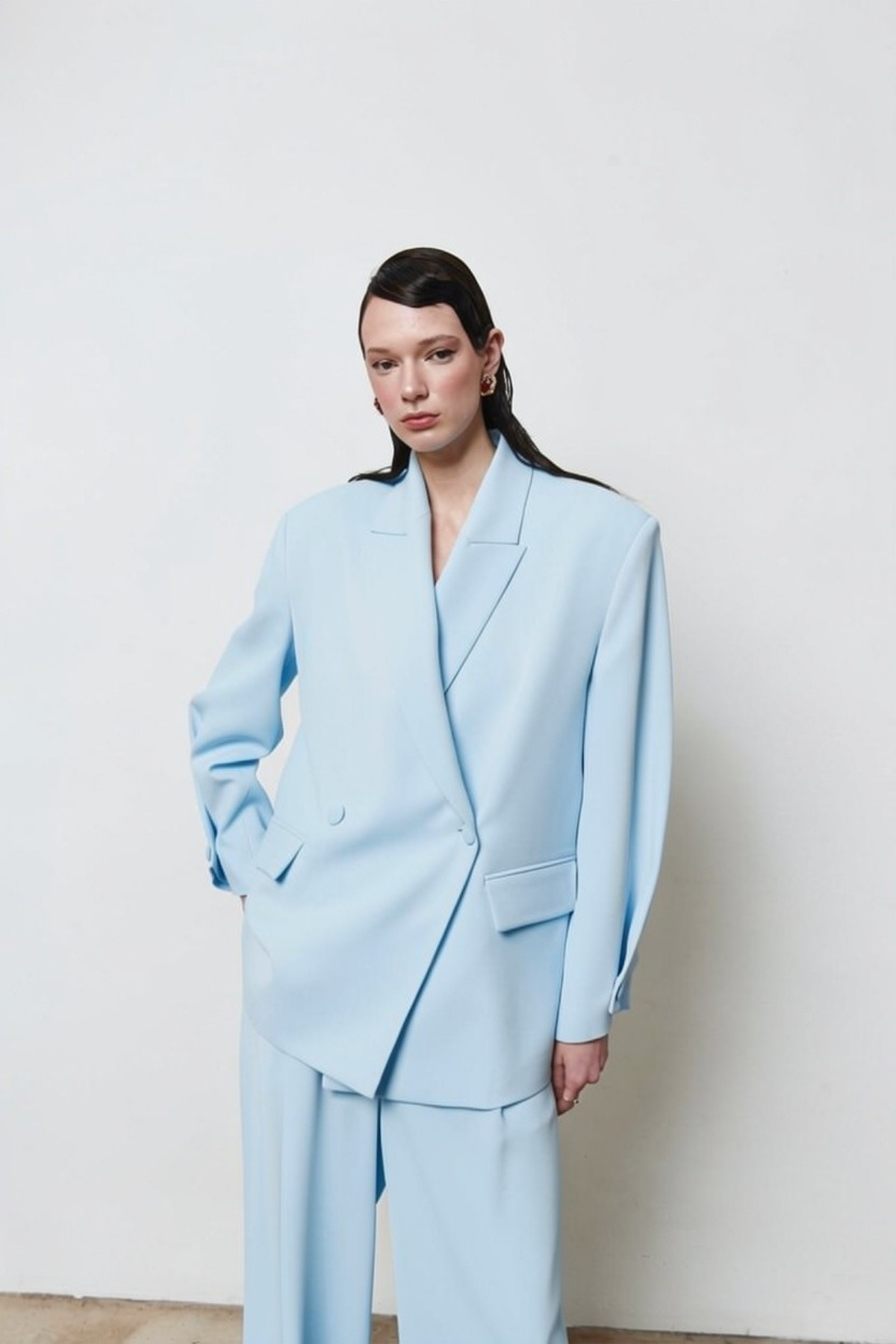 7709 Oversize Kruvaze Yaka Ceket Pantolon Takım