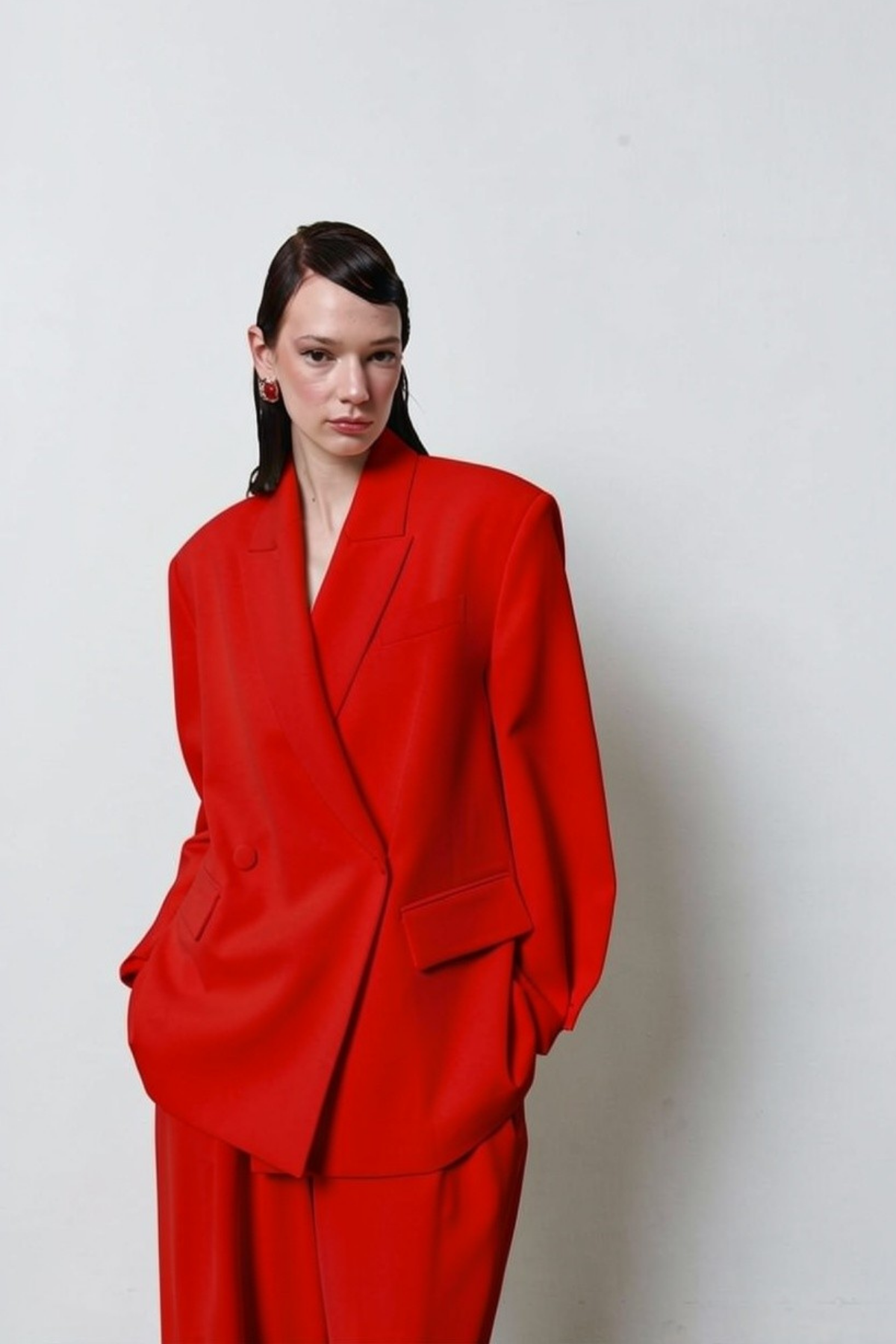 7709 Oversize Kruvaze Yaka Ceket Pantolon Takım