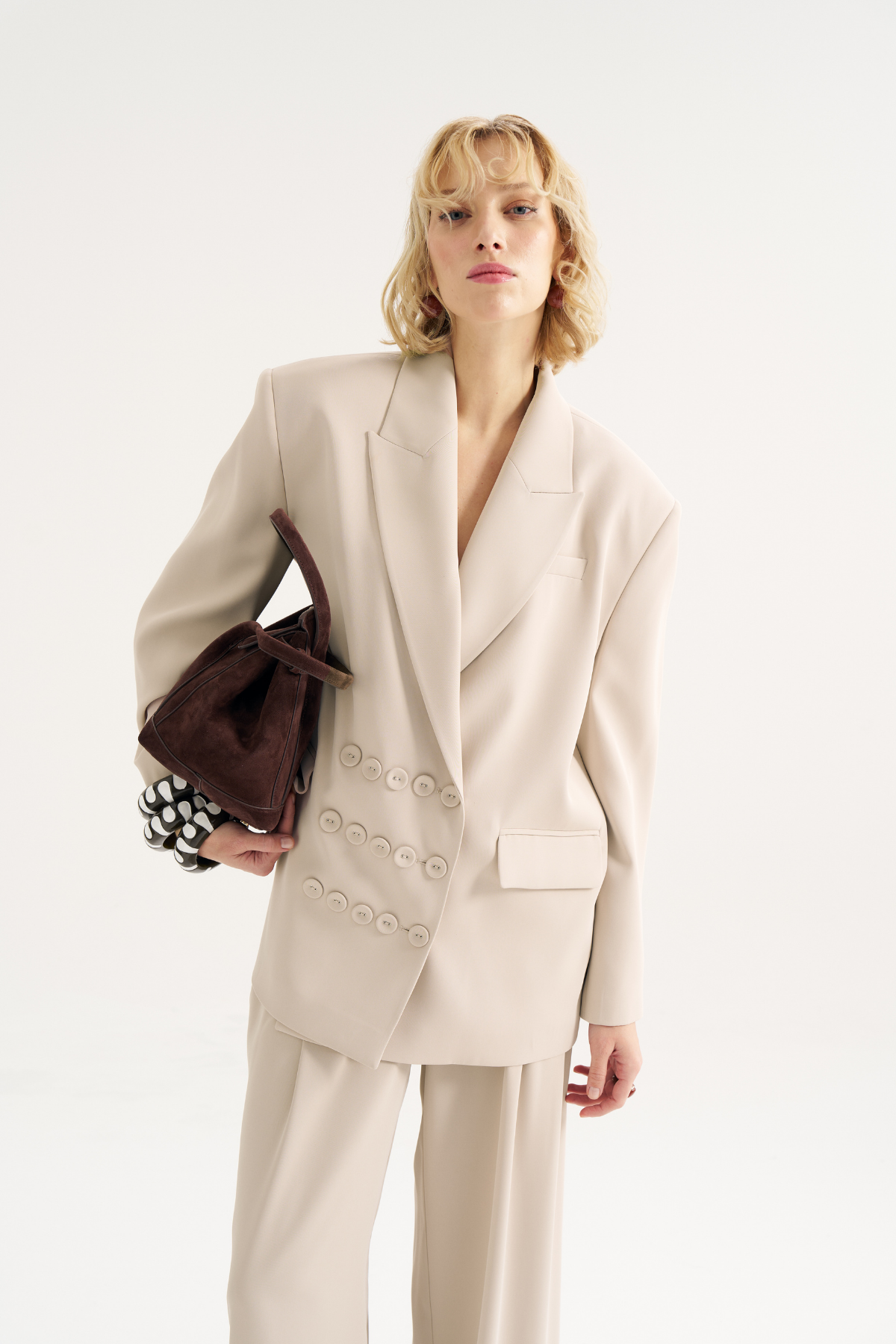 7814 Düğme Detaylı Oversize Ceket Pantolon Takım