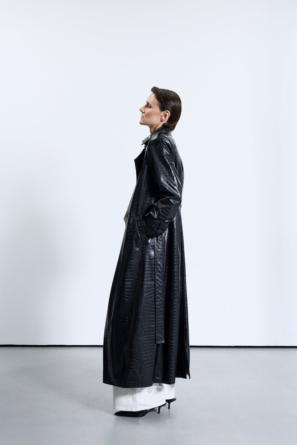 1713 Siyah Deri Trençkot