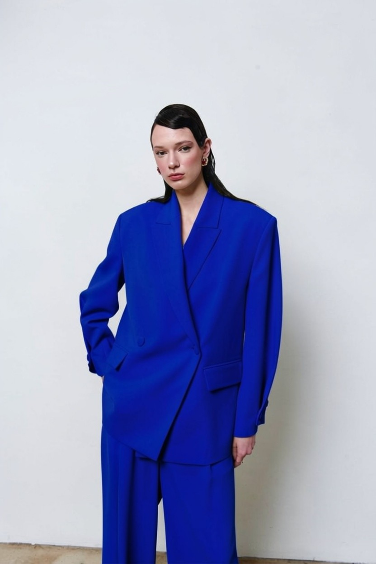 7709 Oversize Kruvaze Yaka Ceket Pantolon Takım
