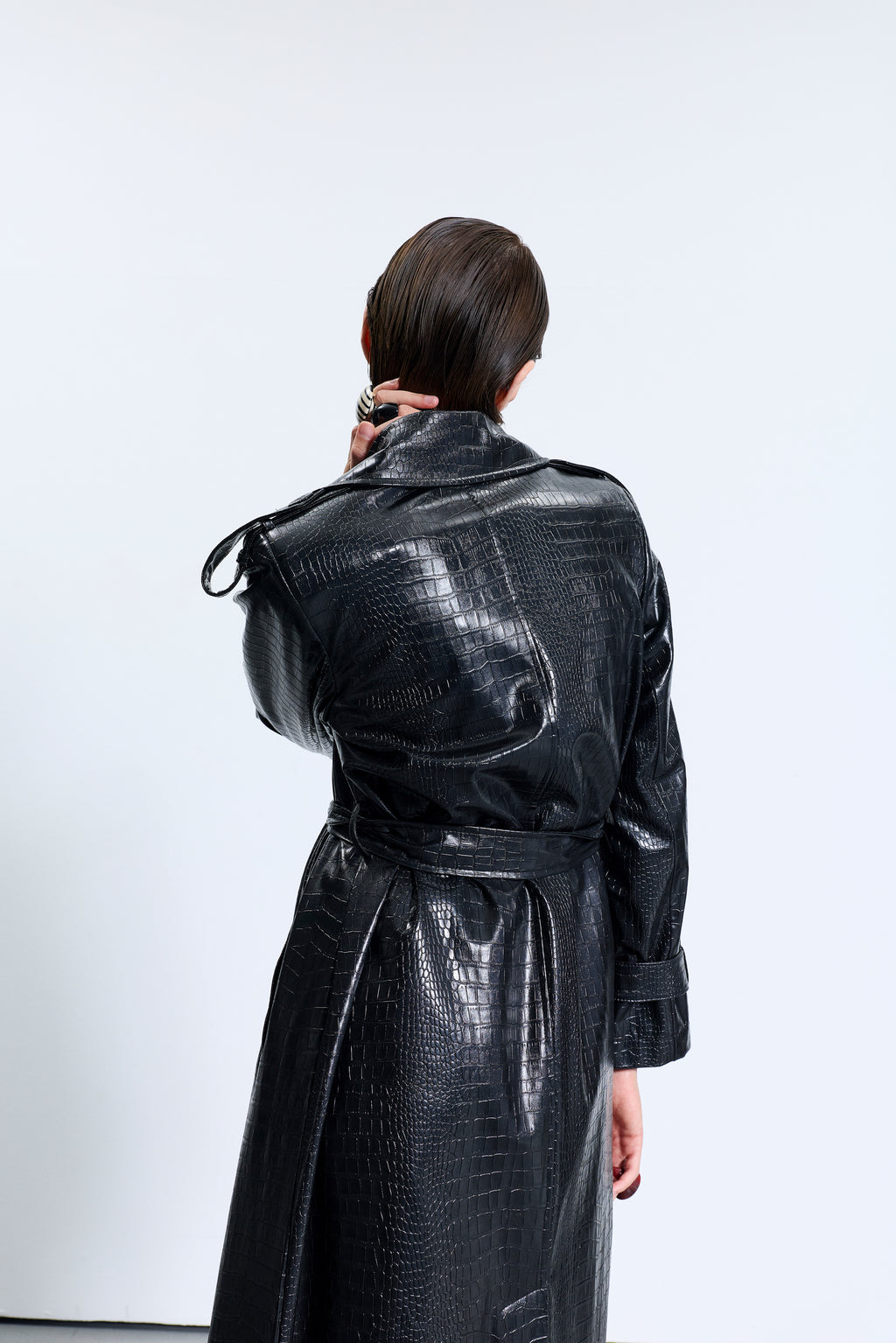 1713 Siyah Deri Trençkot