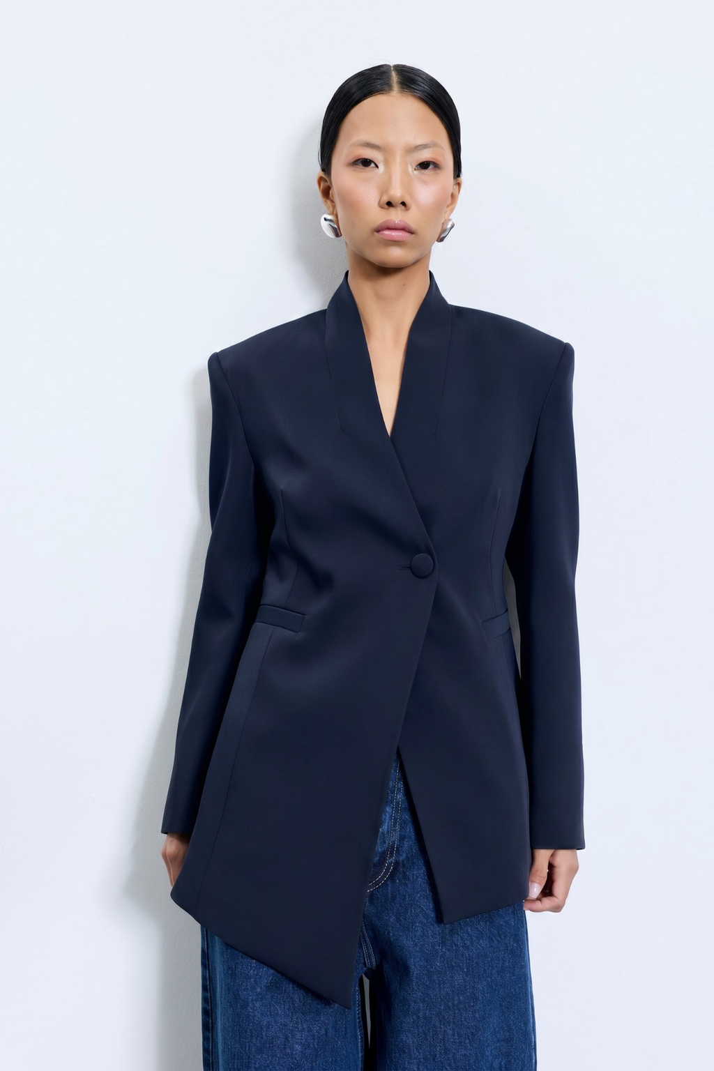 Lacivert Asimetrik Kesim Blazer Ceket