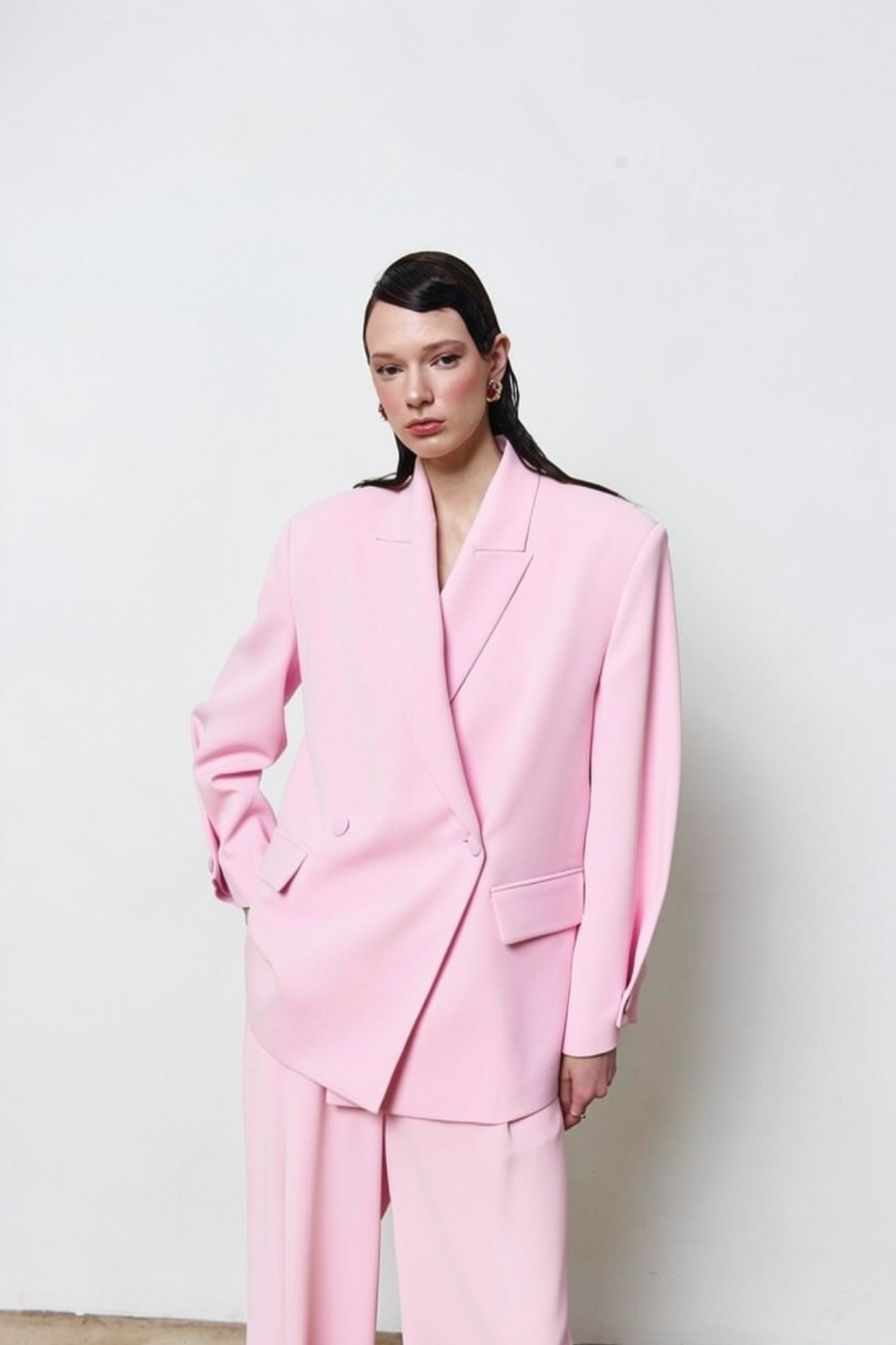 7709 Oversize Kruvaze Yaka Ceket Pantolon Takım