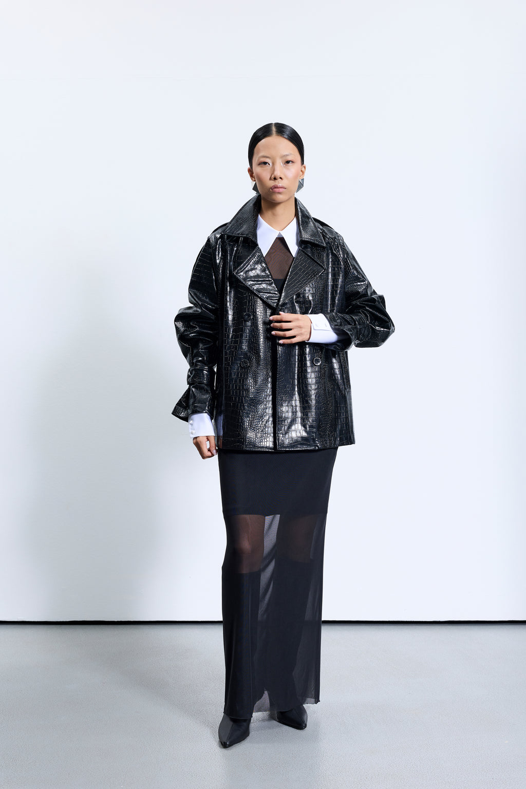 1716 Siyah Deri Trençkot