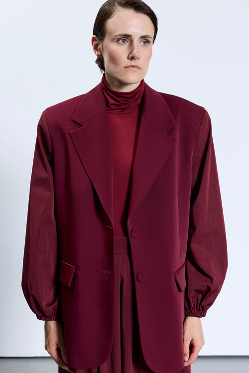 Bordo Büzgü Manşetli Oversize Blazer Ceket