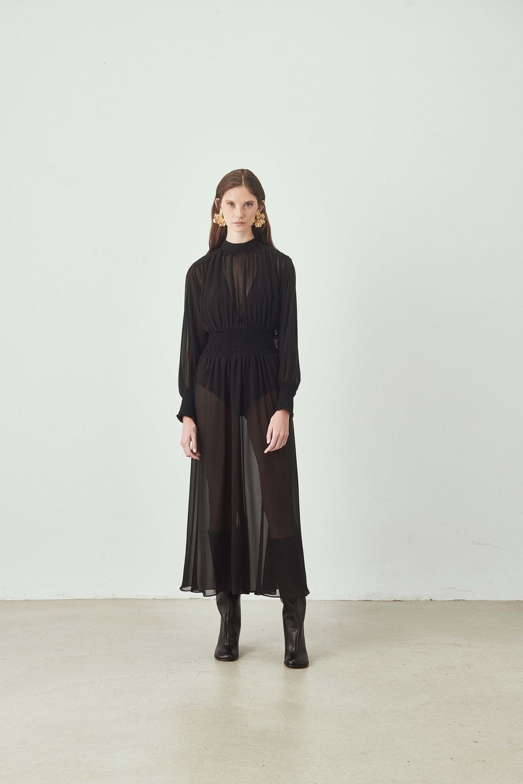 Transparan Uzun Kollu Midi Elbise