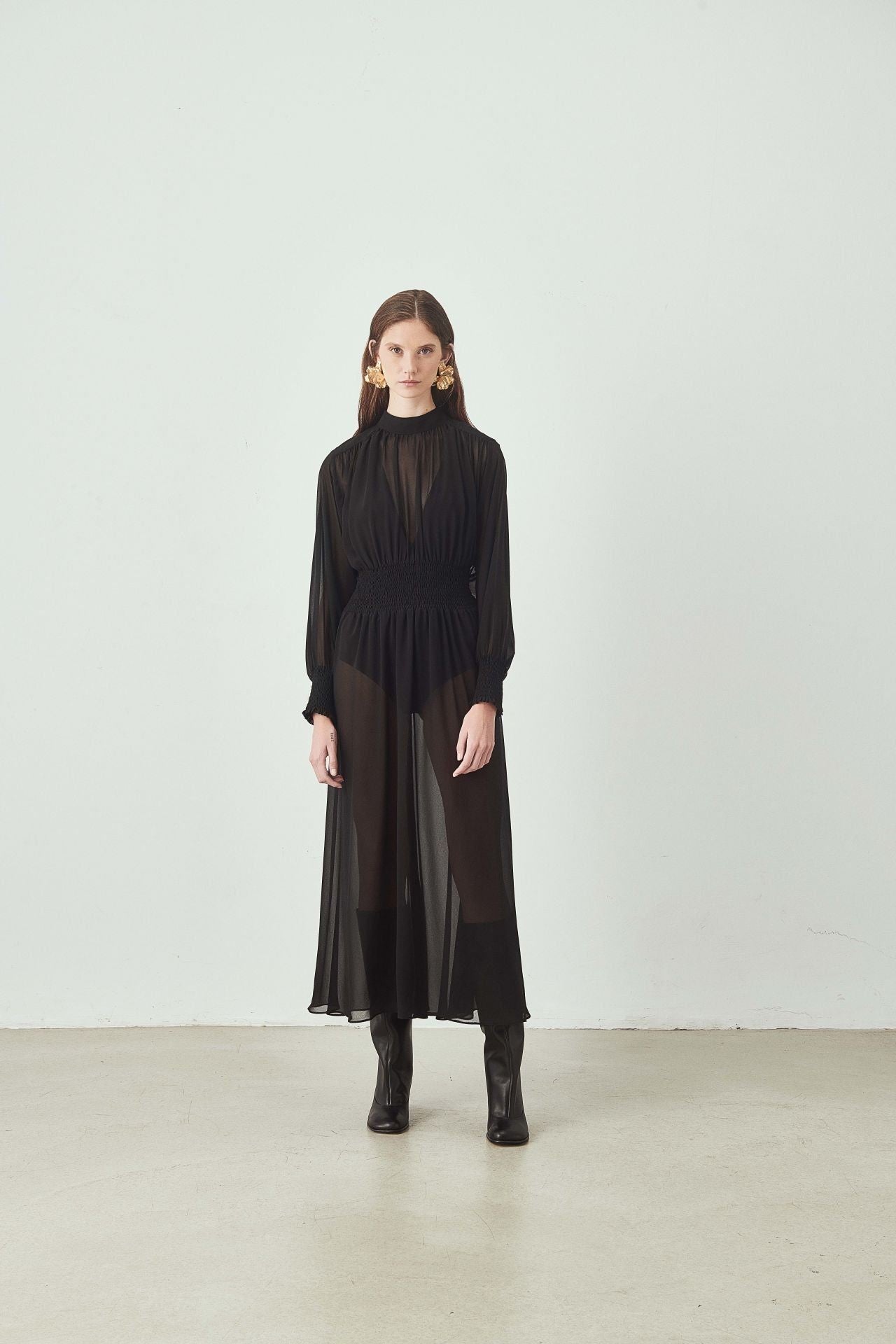 Transparan Uzun Kollu Midi Elbise