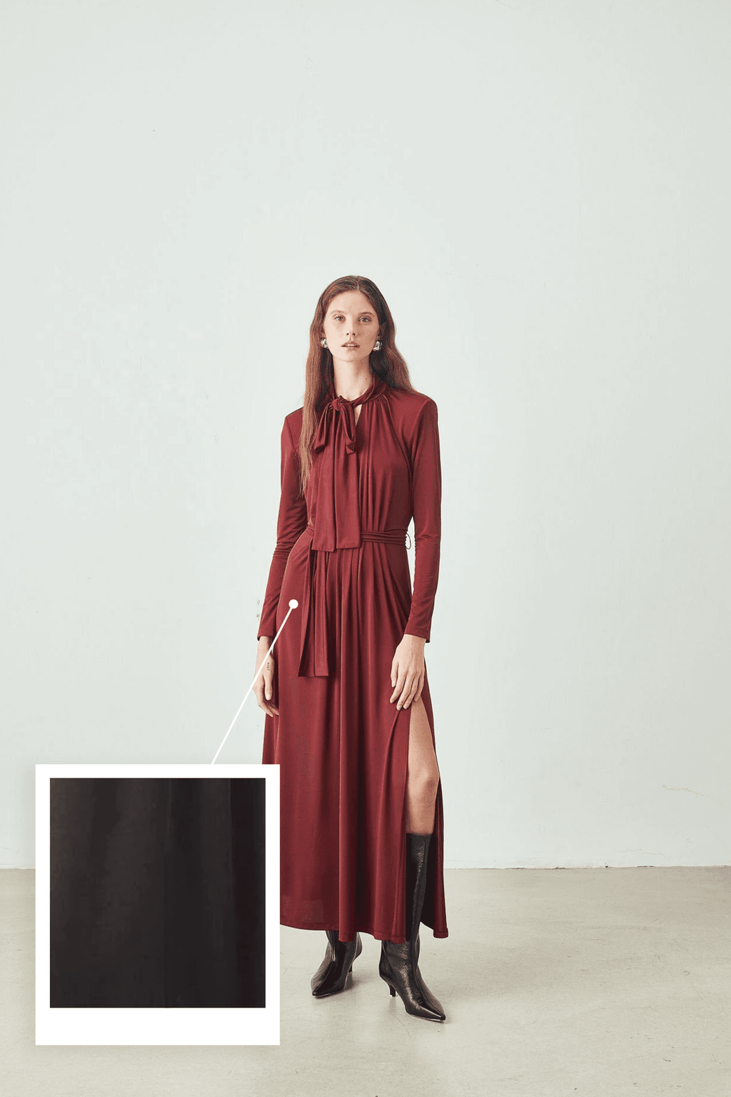 Drapeli Yaka Uzun Kollu Maxi Elbise