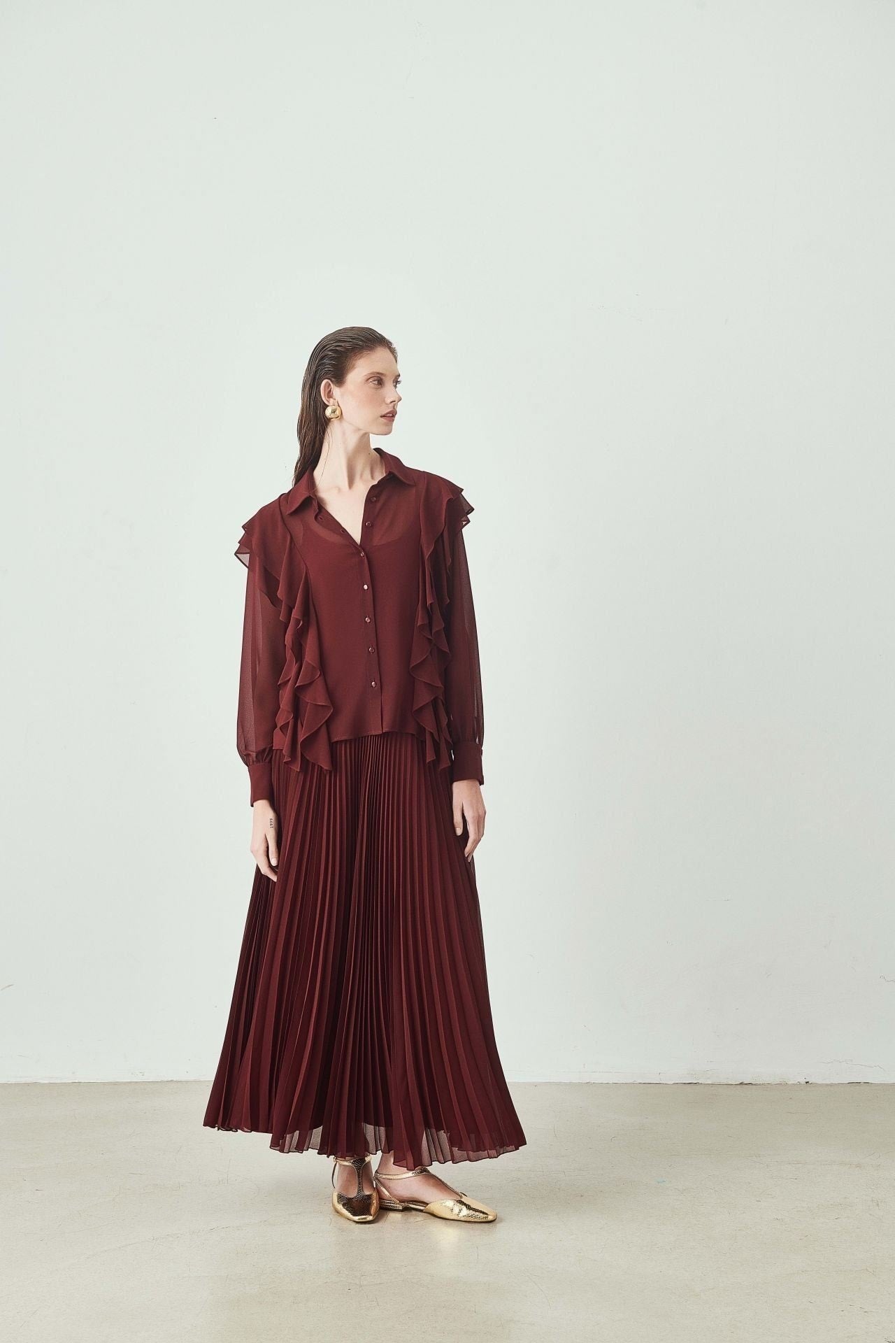 High Waist Pleated Long Skirt