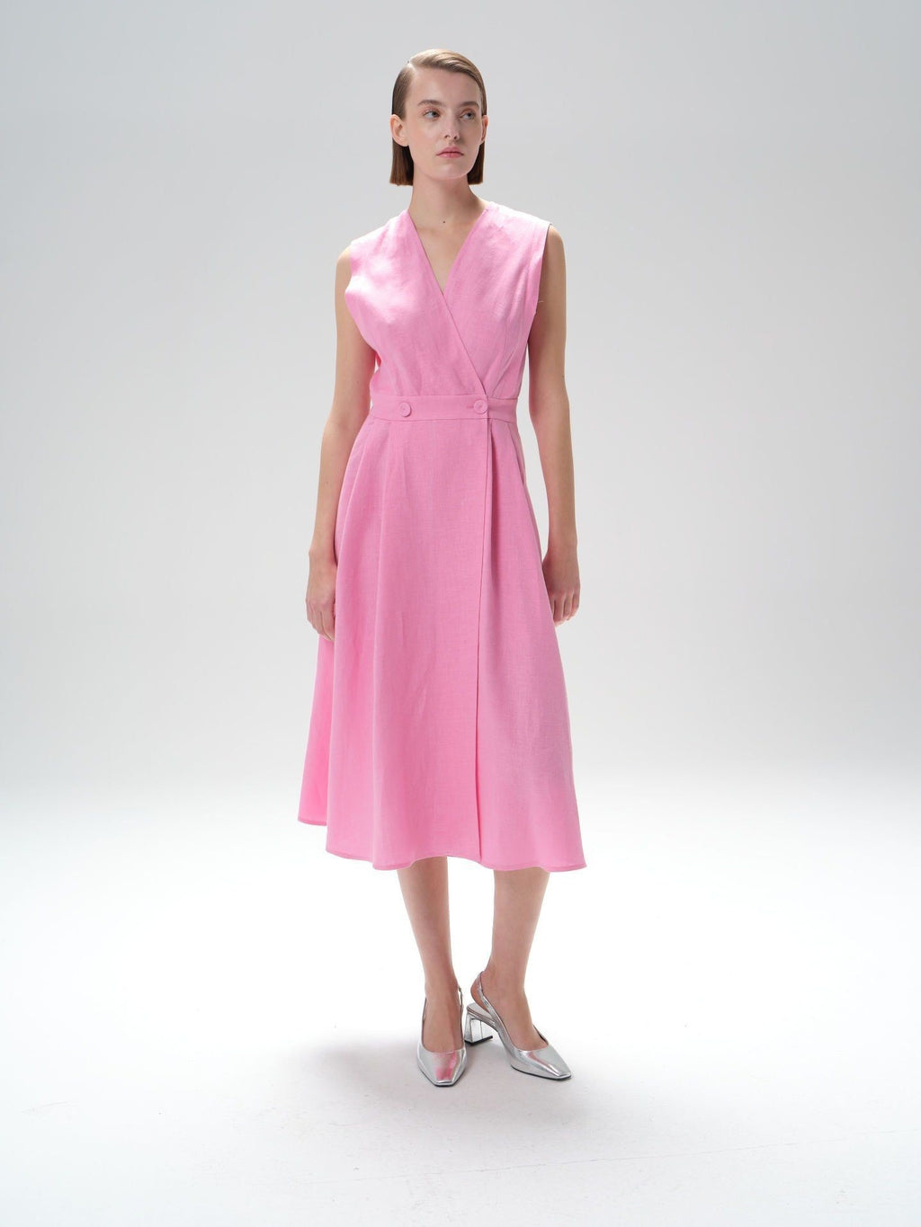 Kruvaze Keten Midi Elbise