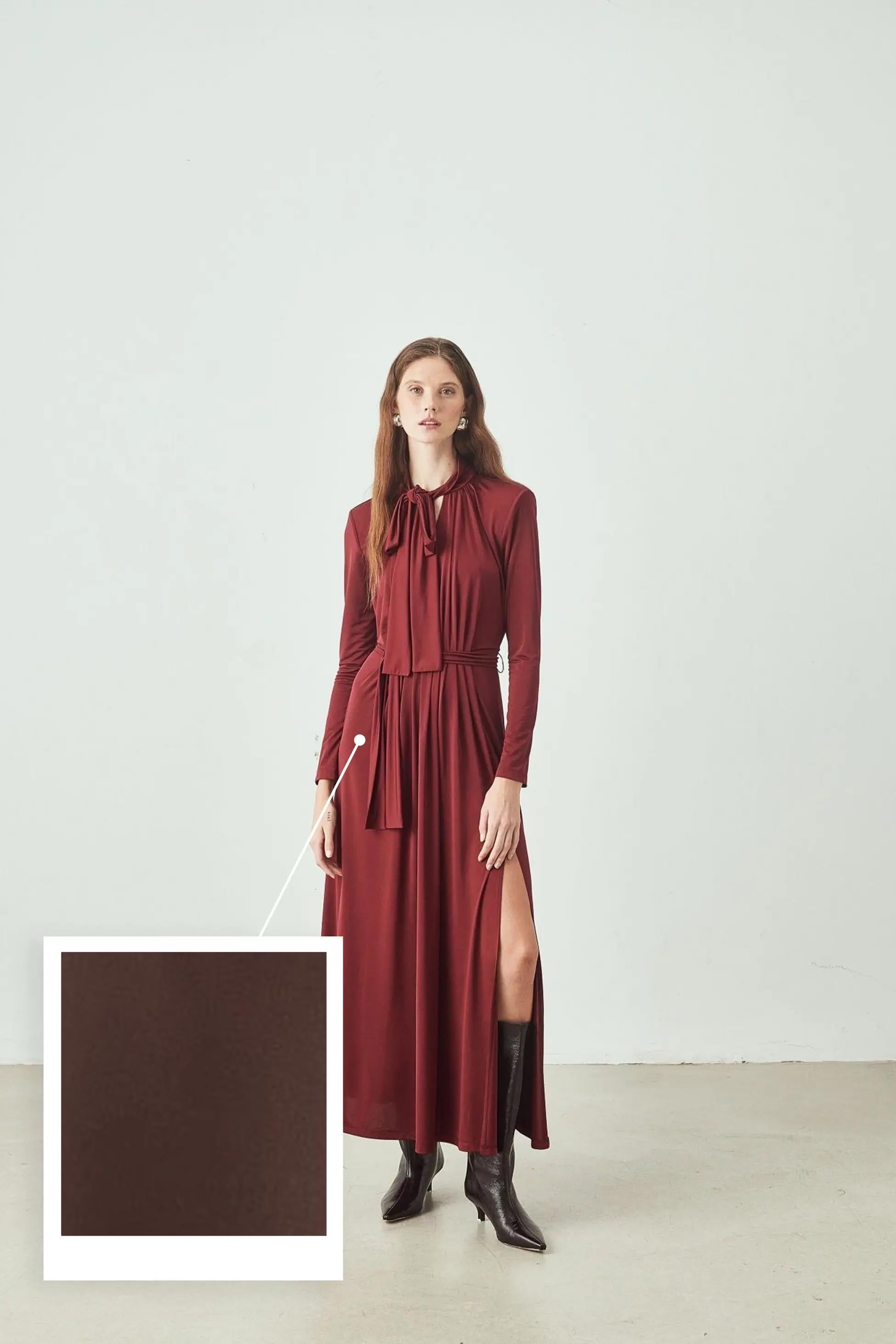 Drapeli Yaka Uzun Kollu Maxi Elbise